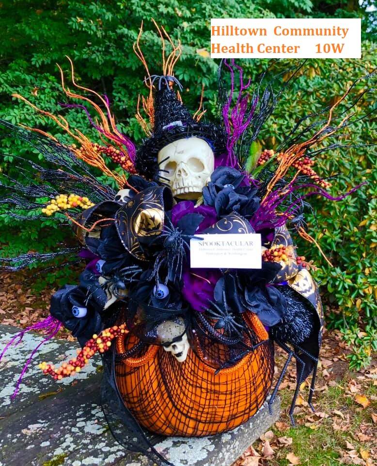 Pumpkin decorated with a skull and festive Halloween ribbons and fall plants